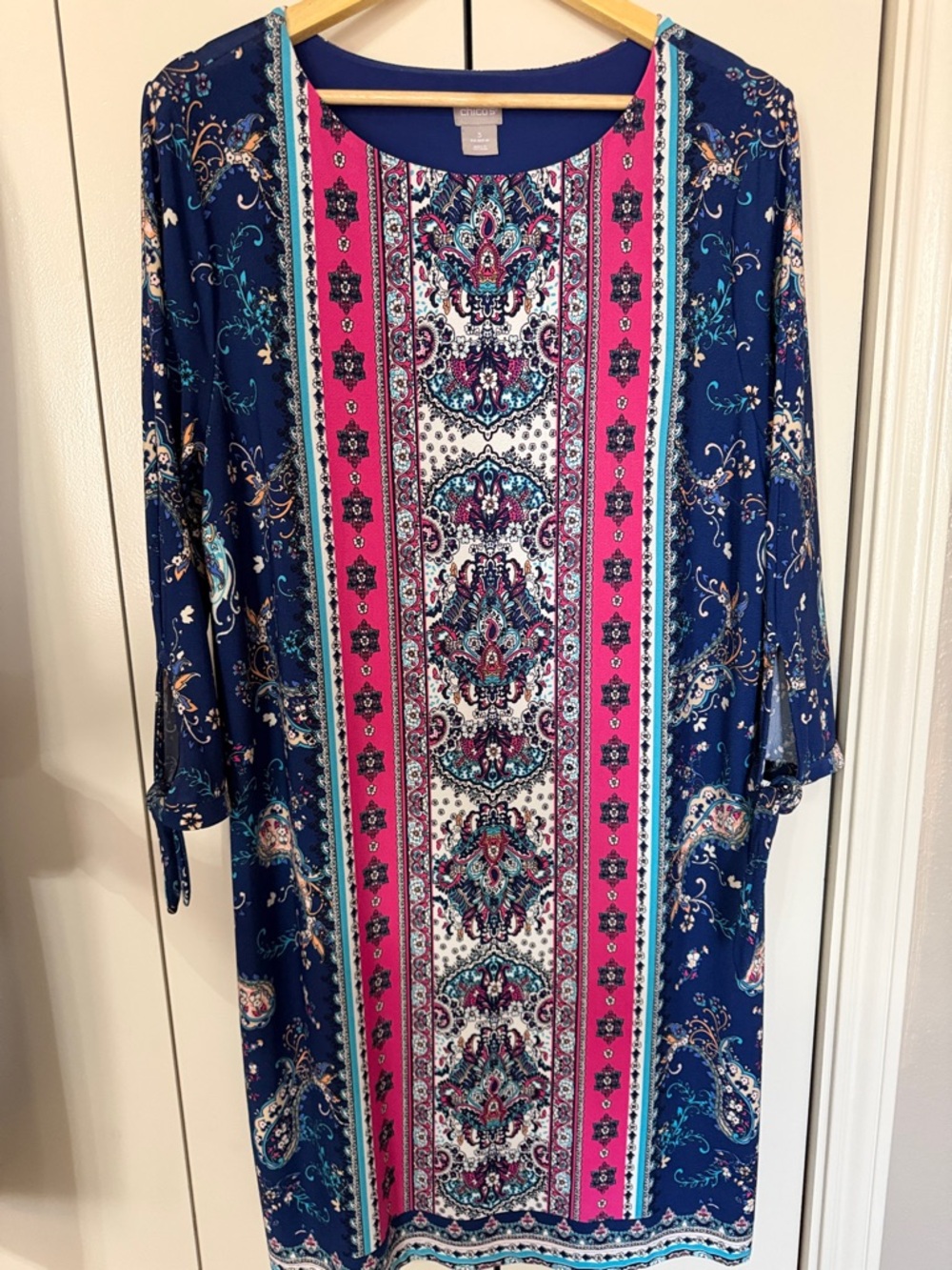Chico's Navy and Fuchsia Paisley-Panel Midi Dress